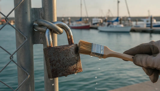 Weatherproof steel padlock being lubricated on a marine dock gate to prevent rust