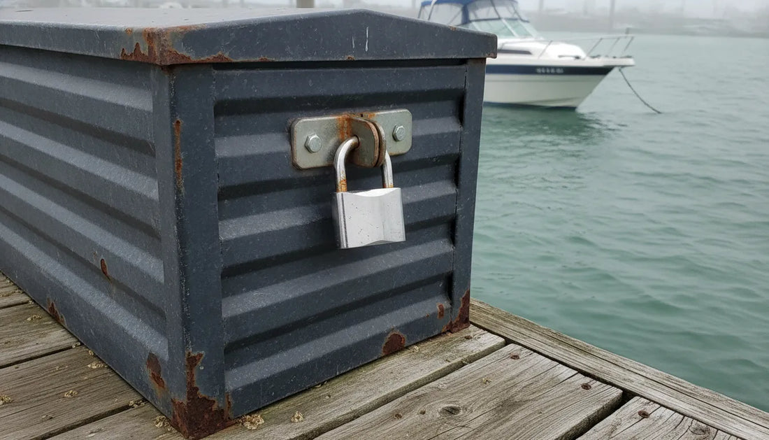 Rugged marine dock storage box secured with a heavy-duty padlock on a marina dock