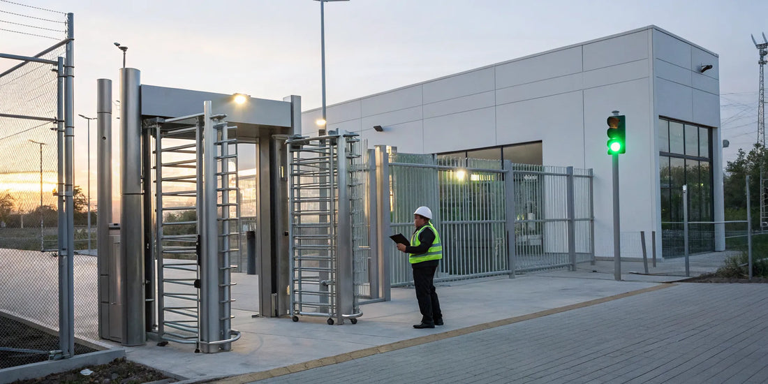Perimeter fencing, an access control gate, and security cameras secure a construction site entrance.