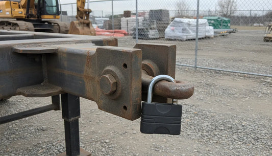 Heavy-duty pintle hitch coupling secured with a hardened padlock on a commercial trailer tongue