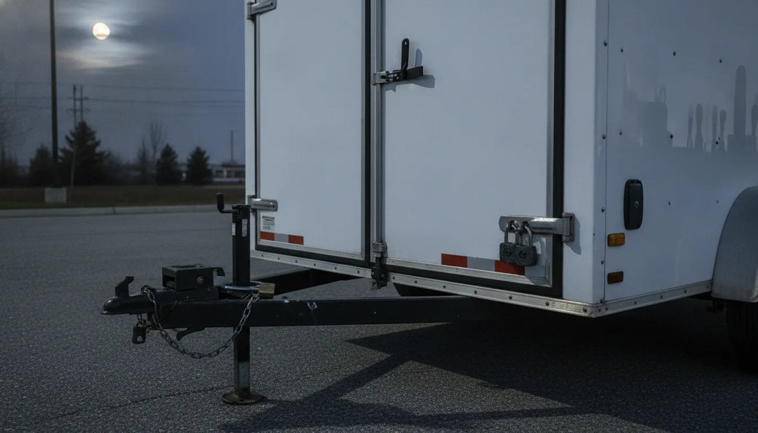 A white enclosed cargo tool trailer secured overnight with heavy-duty steel locks