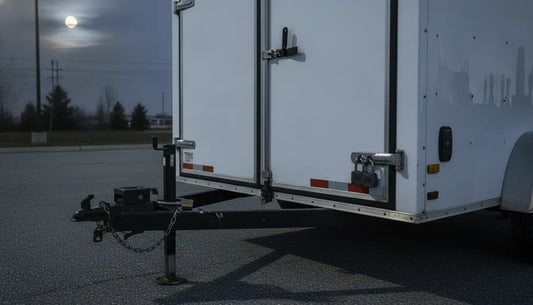 A white enclosed cargo tool trailer secured overnight with heavy-duty steel locks