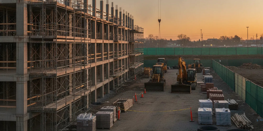 Scaffolding secured beside a construction site with organized equipment and a closed perimeter