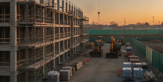 Scaffolding secured beside a construction site with organized equipment and a closed perimeter