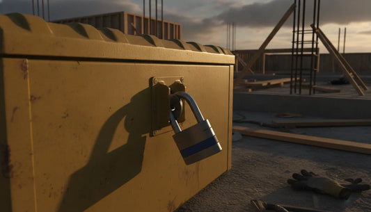 A heavy-duty steel jobsite tool box closed and secured on a construction site with a premium steel padlock
