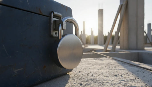 Industrial-grade padlock securing a rugged steel toolbox on a construction jobsite