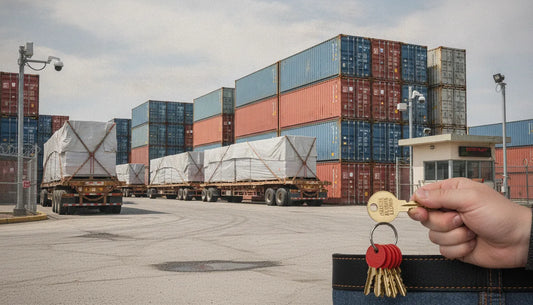 Industrial fleet yard with cargo containers and trailers secured with heavy-duty red keyed alike locks