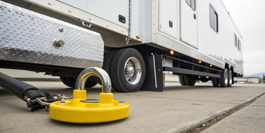 A 5th wheel king pin lock securing a trailer to prevent theft.