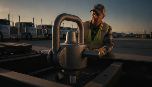 Heavy-duty kingpin lock secured on a semi trailer hitch coupling in a truck yard at dawn