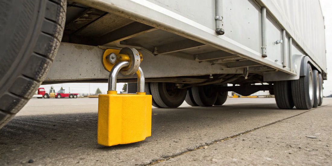 A heavy-duty kingpin lock installed on a semi trailer for theft prevention.