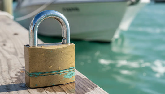 Marine grade brass padlock on a boat dock in saltwater setting