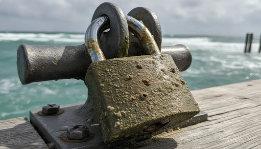 Marine grade padlock securing equipment at a saltwater dock