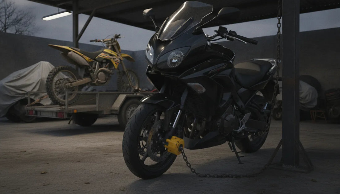 Motorcycle secured with a heavy-duty disc lock on the front rotor in a storage lot