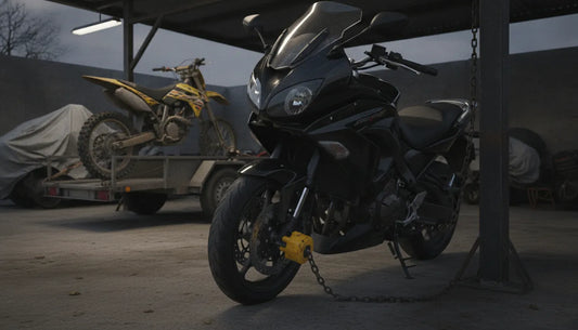 Motorcycle secured with a heavy-duty disc lock on the front rotor in a storage lot