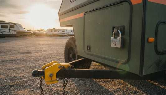 RV parked with heavy-duty padlock and hitch lock securing the vehicle and compartments
