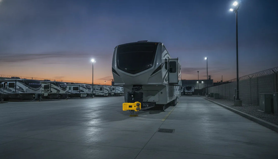 Fifth-wheel travel trailer in a well-lit storage lot with a kingpin lock, industrial security setting