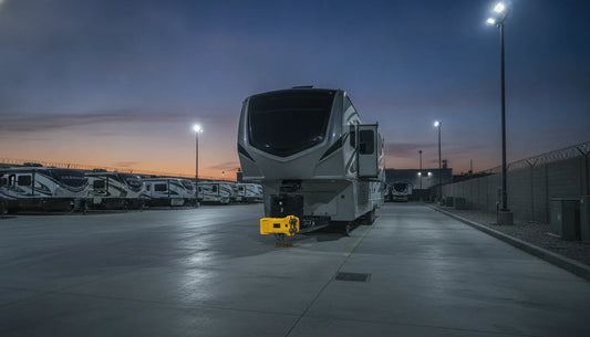 Fifth-wheel travel trailer in a well-lit storage lot with a kingpin lock, industrial security setting