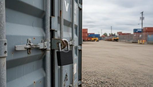 Shipping container lock securing cargo doors at an industrial yard