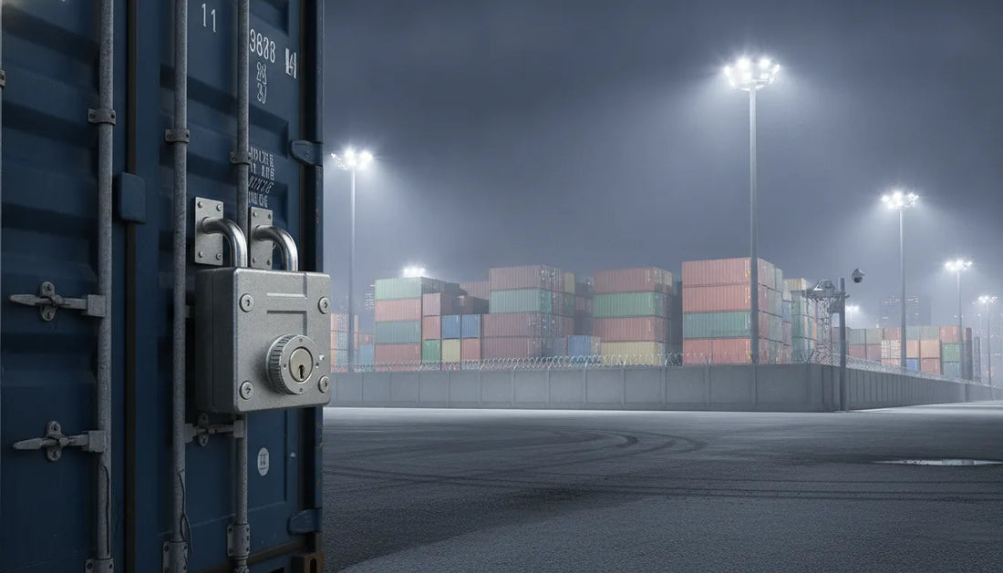 Shipping container security at a well-lit industrial cargo yard