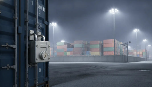 Shipping container security at a well-lit industrial cargo yard