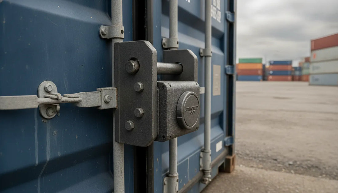 Heavy-duty shipping container lock on a cargo container door with hardened steel construction