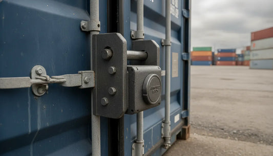 Heavy-duty shipping container lock on a cargo container door with hardened steel construction