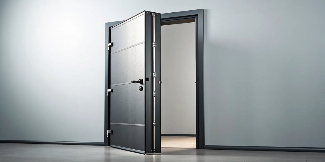 Steel security door with a reinforced frame and multi-point locking system.
