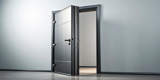 Steel security door with a reinforced frame and multi-point locking system.