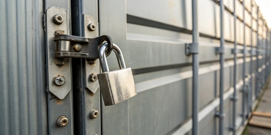 A heavy-duty shipping container lock securing the doors of a metal container.