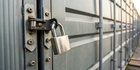 A heavy-duty shipping container lock securing the doors of a metal container.