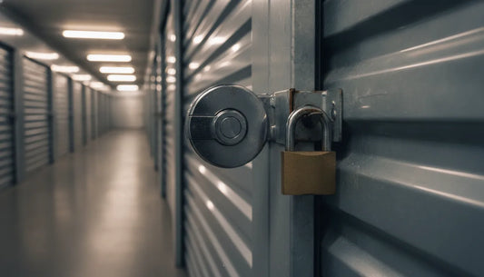 Heavy-duty discus lock and padlock on a storage unit door
