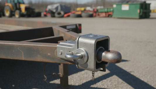 Steel trailer coupler lock mounted on a trailer frame in an outdoor yard setting