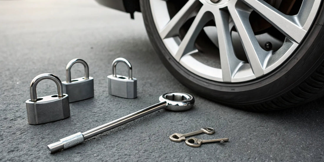Close-up of wheel locks installed on a car wheel with the matching removal key.