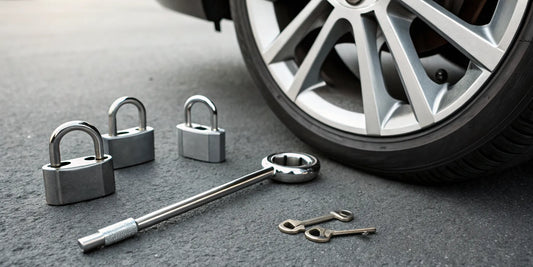 Close-up of wheel locks installed on a car wheel with the matching removal key.