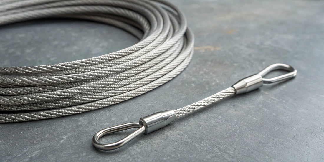 Coiled steel cable with eyelets on both ends.