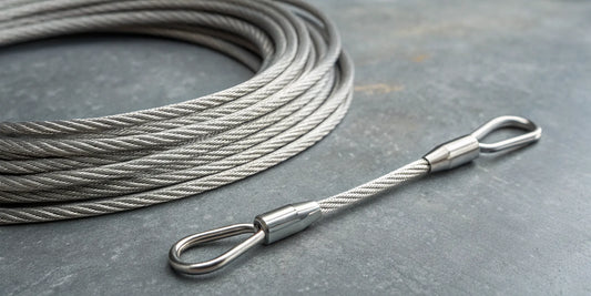 Coiled steel cable with eyelets on both ends.