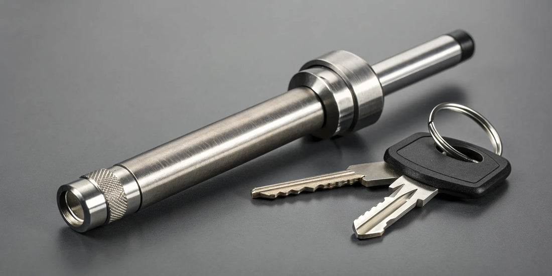 A stainless steel locking hitch pin for securing a trailer.