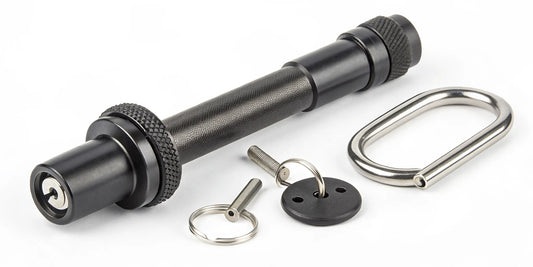 A locking hitch pin with keys secures a trailer hitch and prevents theft.