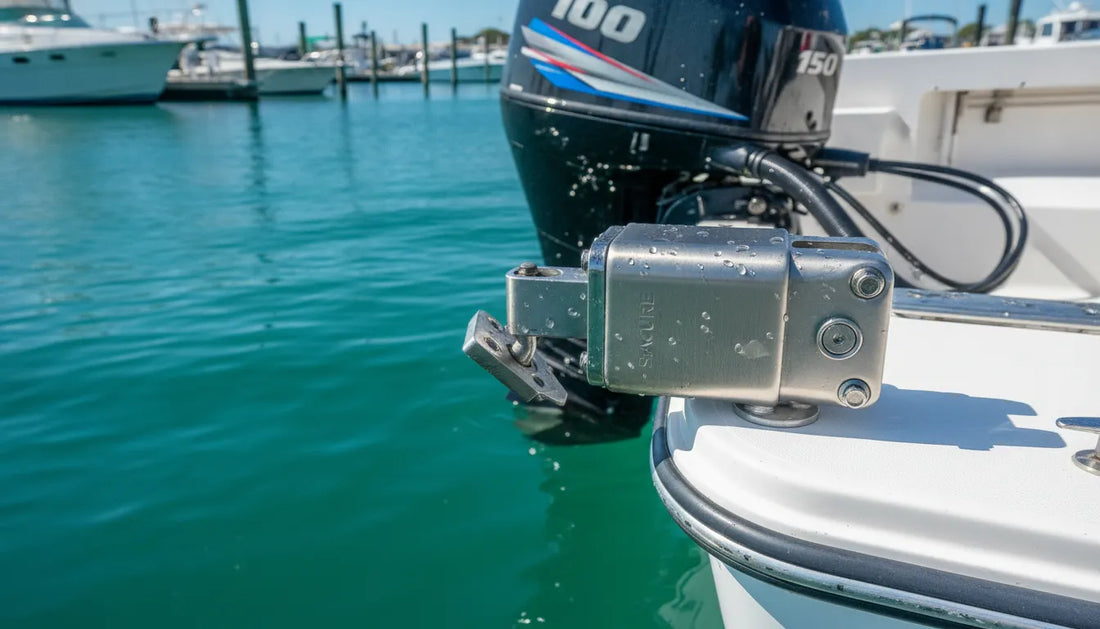 Marine-grade outboard motor lock securing an outboard motor on a boat transom in a marina