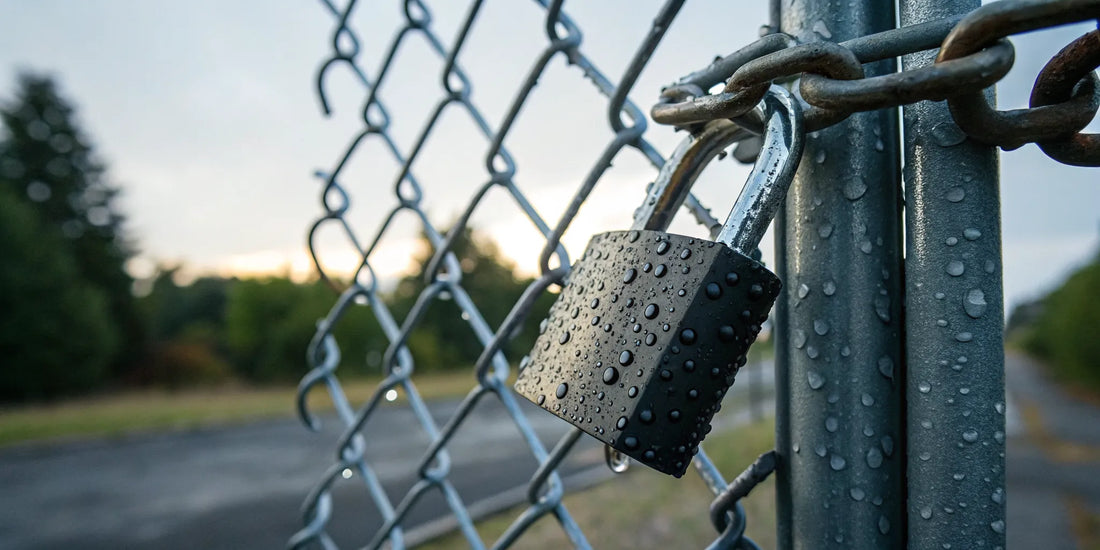 A weatherproof outdoor padlock with water droplets, secured to a metal fence.