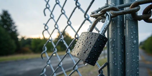 A weatherproof outdoor padlock with water droplets, secured to a metal fence.