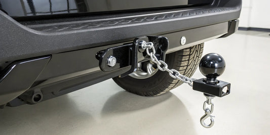 A trailer hitch pin set securing a ball mount in a receiver for secure towing.