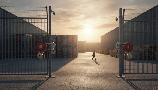 Industrial warehouse yard with heavy-duty security locks on gates and storage containers