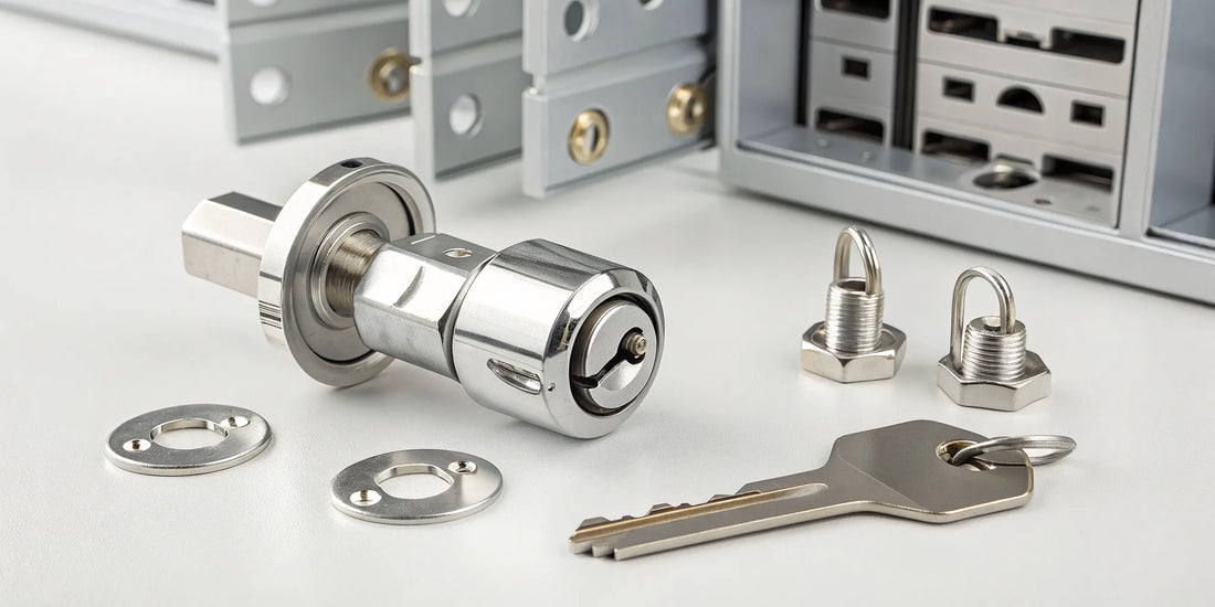 A cam lock with its separate parts and key, used to secure metal enclosures and cabinets.