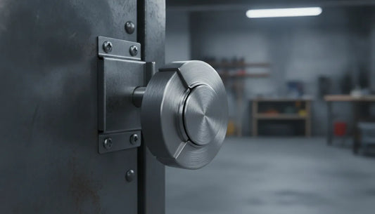Stainless steel discus lock on a metal storage unit door latch