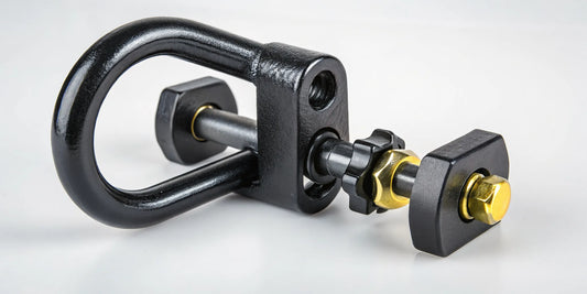 Heavy-duty steel lunette ring lock for securing a trailer.