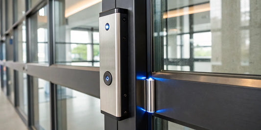 A magnetic lock securing a glass door with an active status indicator light.