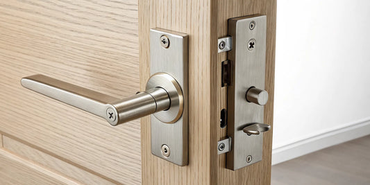 A modern mortise lock with a steel handle and trim installed on a wooden door.