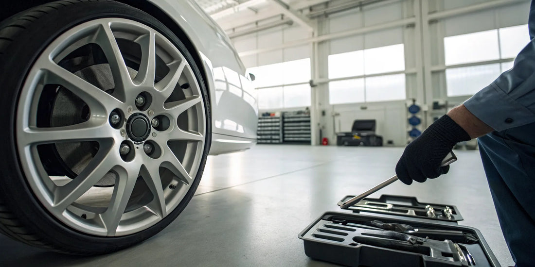 Mechanic preparing for a wheel lock key replacement on a car wheel.
