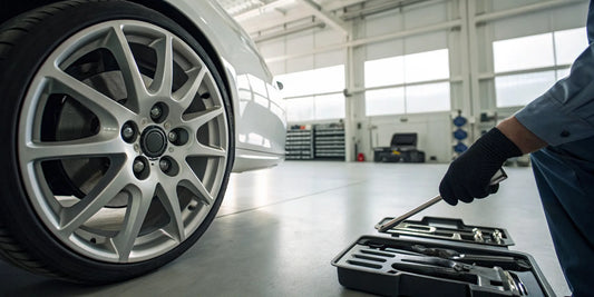 Mechanic preparing for a wheel lock key replacement on a car wheel.